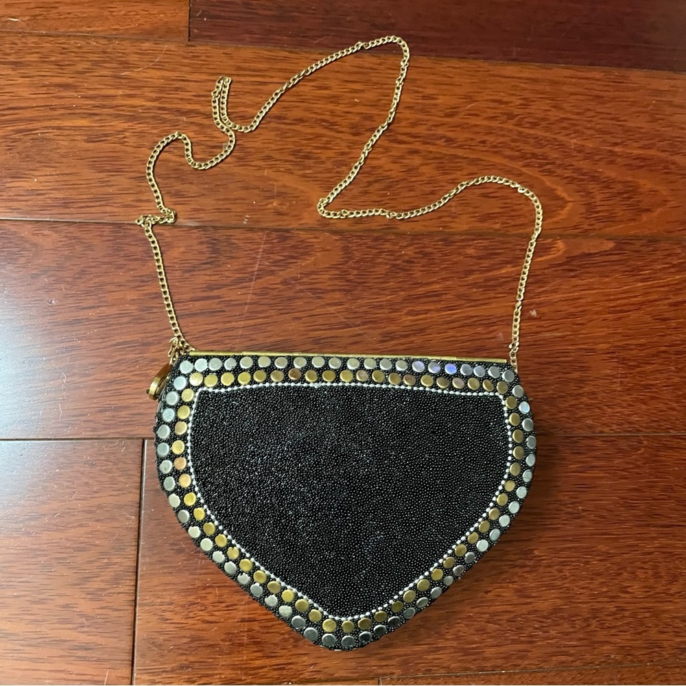 Ramla Handmade Heart Shaped Mosaic Bag Purse Clutch Black Gold Bling Bling B1 I - Picture 2 of 13